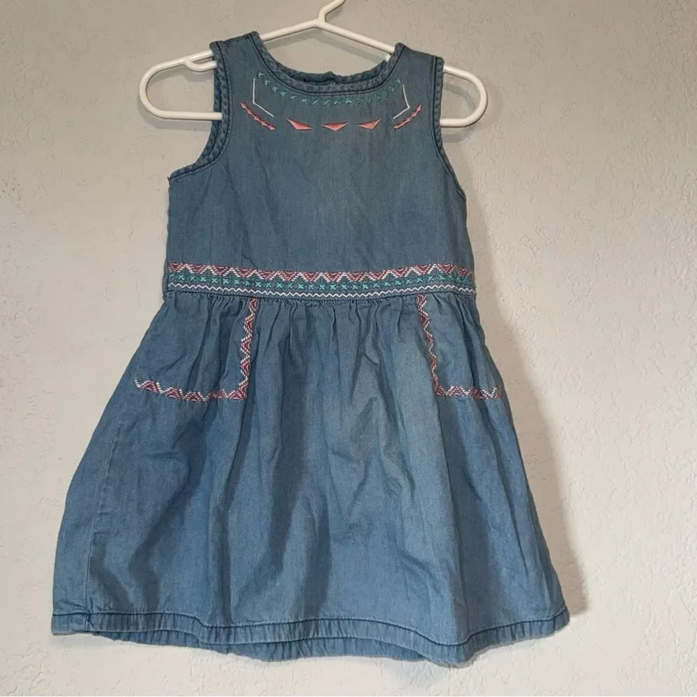 Kid's Gymboree Denim Chambray Blue Dress with Pink Embroidery